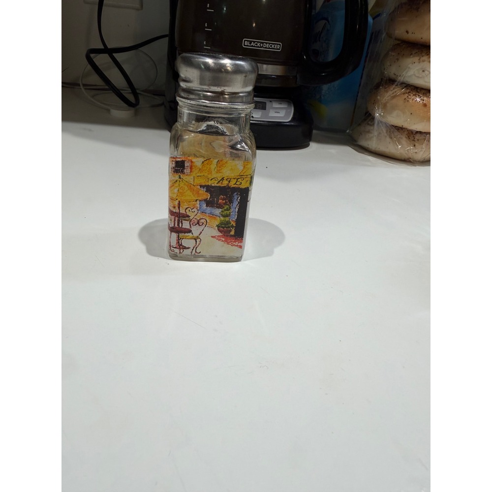 Vintage Glass Cafe Scene Salt Pepper Shaker Stainless Steel Lid Bistro Decor